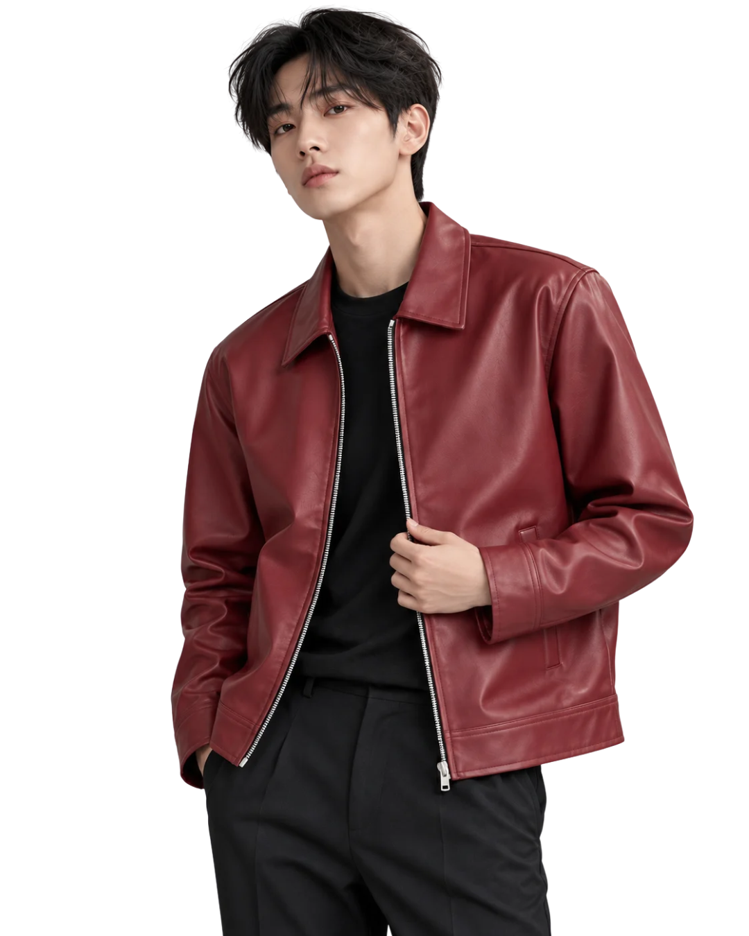 COLLARED CHERRY LEATHER JACKET