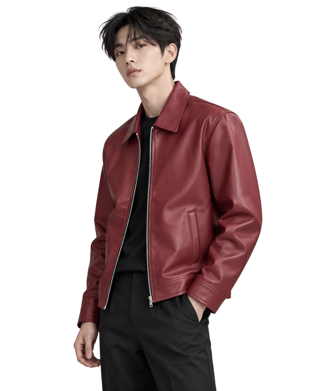 COLLARED CHERRY LEATHER JACKET