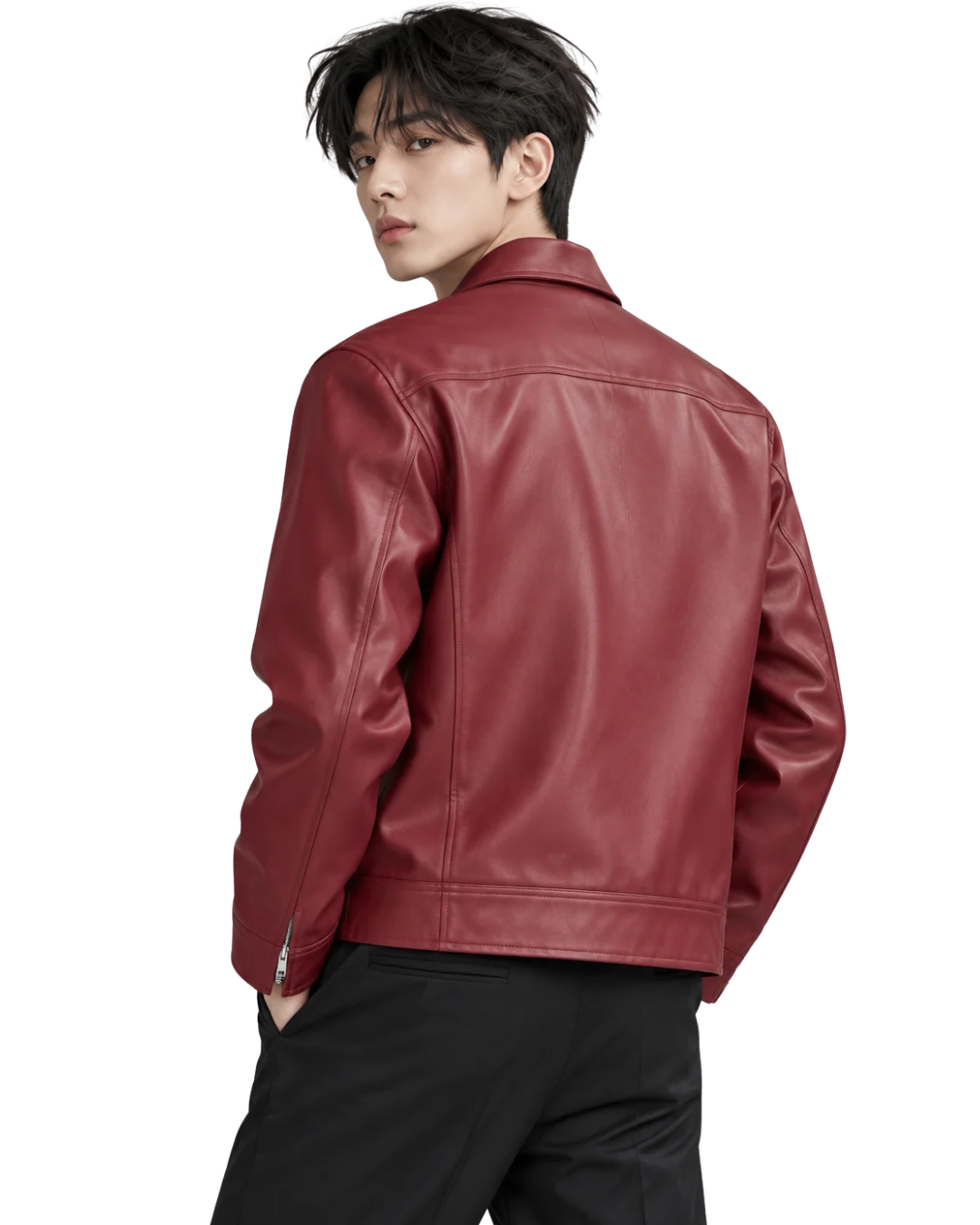 COLLARED CHERRY LEATHER JACKET